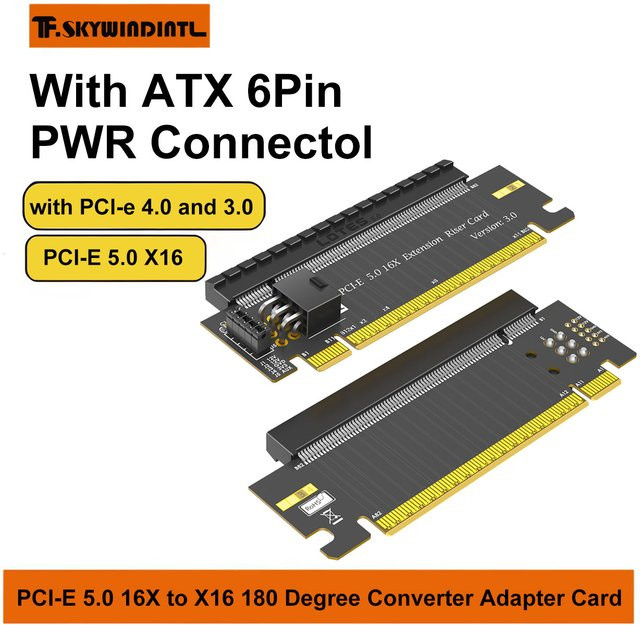 T.F.SKYWINDINTL PCI-E 5.0 16X auf X16 180-Grad-Adapter in Schwarz mit ATX 6-Pin-Stromanschluss für GPU-Karten, kompatibel mit PCI-e 4.0 und 3.0 - Bild 1