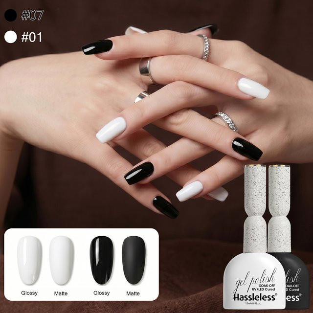 Hassleless Nagelgel Schwarz-Weiß, 15 ml, Glänzend - Bild 1