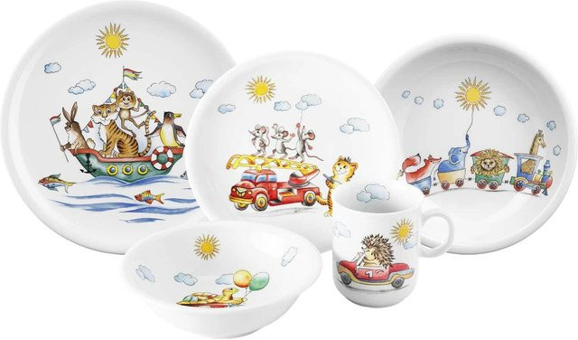 Seltmann Weiden Kindergeschirr Set Compact Flinke Flitzer aus Keramik, 5er Set, Weiß - Bild 1