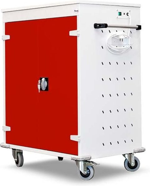 rotstahl Laptopwagen mit 16 Fächern und Schwenktüren, Farbe Rot und Lichtgrau, B: 92 cm, H: 106 cm - Bild 1