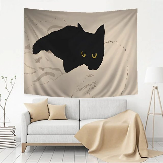 VIKAMA Wandteppich mit schwarzer Katze im nordischen Stil, Wandbehang in Schwarz und Multicolour für Wohnzimmer und Schlafzimmer, B x H: 60 x 60 cm - Bild 1