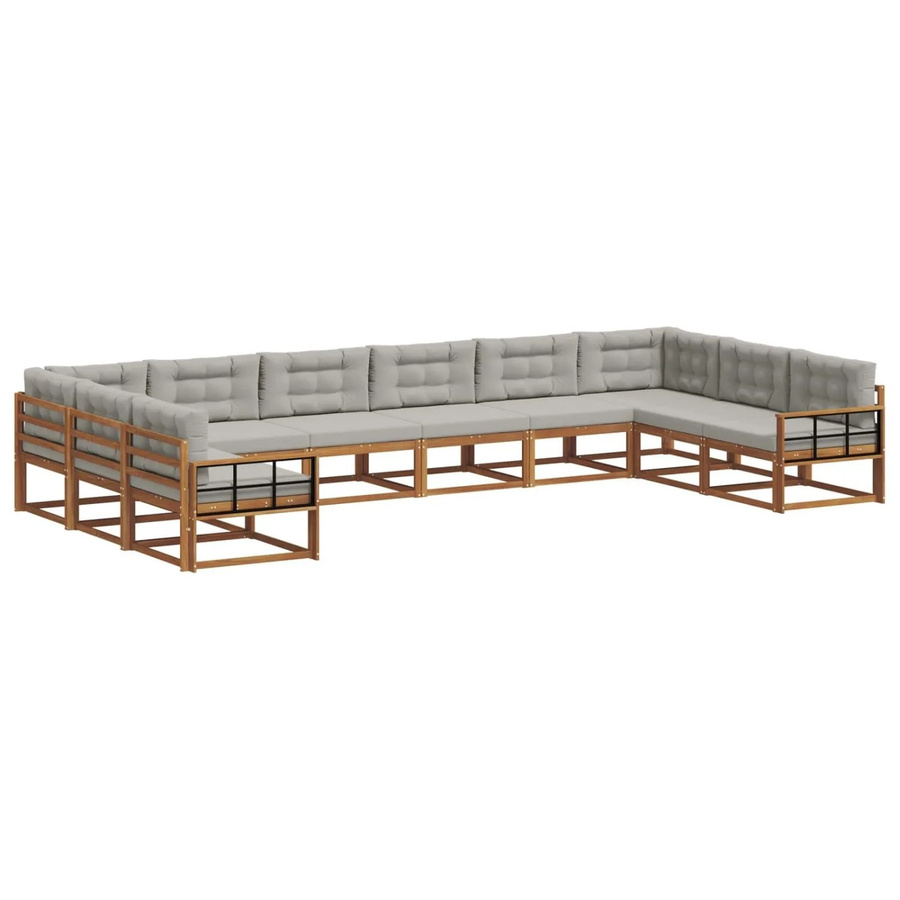 vidaXL Outdoor-Sofagarnitur aus massivem Akazienholz mit Kissen, 10-teiliges Set, Natur und Hellgrau - Bild 2