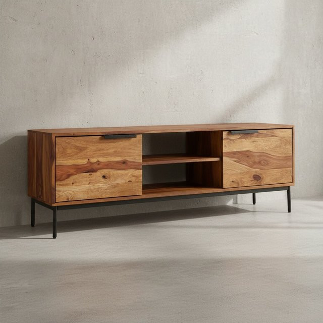 KADIMA DESIGN TV-Kommode aus Sheesham Massivholz in Braun mit offenen Medienfächern und Edelstahl-Details, B/T/H: 147,0 x 38,0 x 51,0 cm - Bild 1