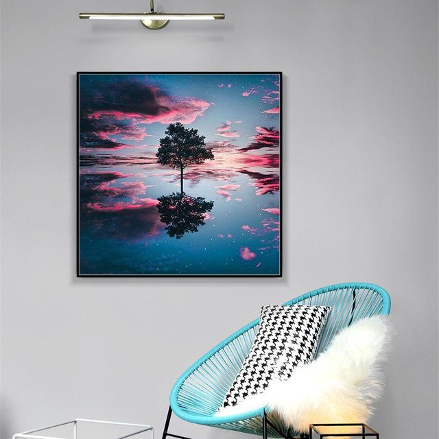 FIYO Diamond Painting Set Sonnenuntergang mit Baum und Schatten, Motiv Natur Landschaft, Farbe Schwarz und Multicolour, B/B: 30 x 30 cm - Bild 1