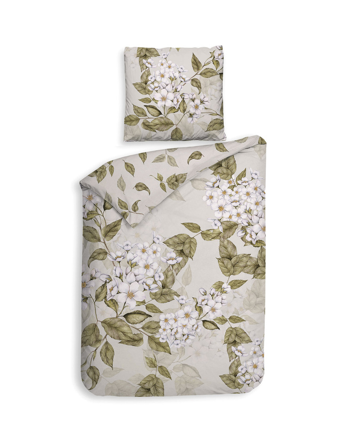 Heckett & Lane Twill Bettwäsche Juliette natural mit Blättern und Blüten in Grün, B/H: 135 x 200 cm mit Kissenbezug 80 x 80 cm - Bild 1