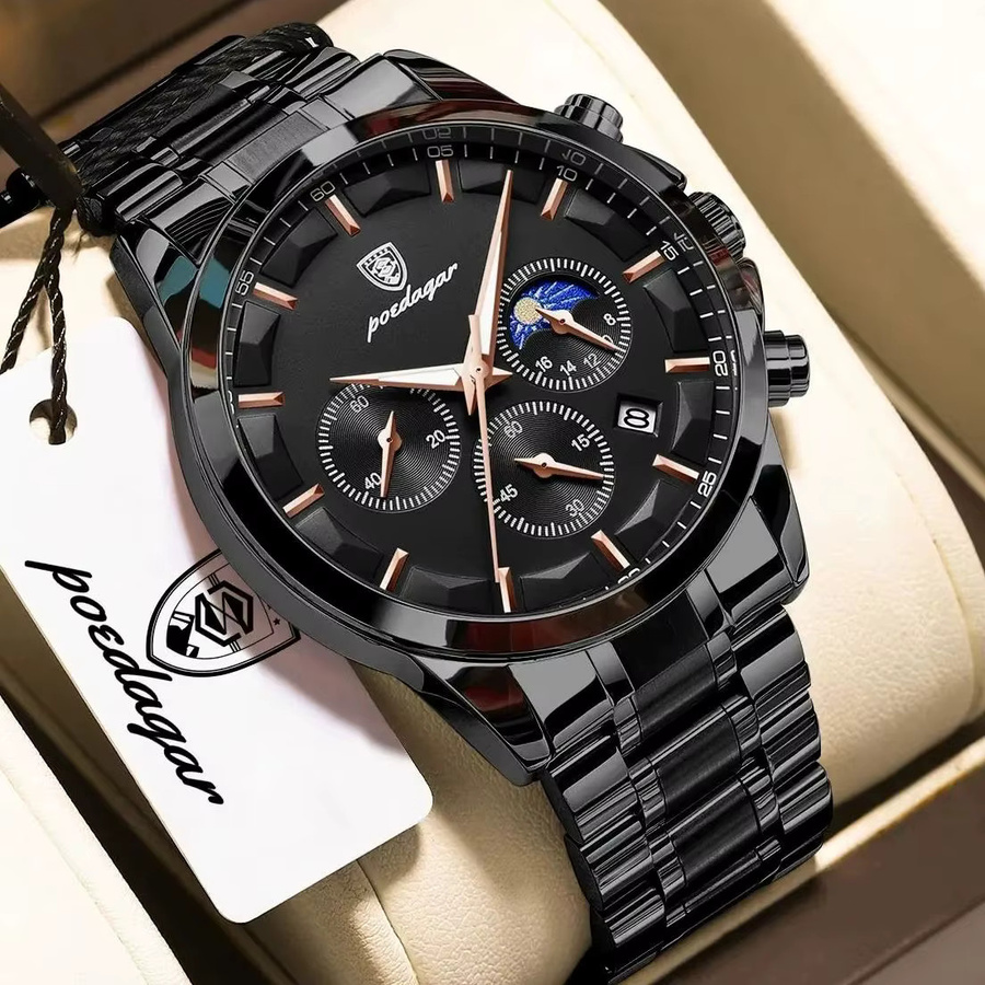 POEDAGAR Armbanduhr Chronograph, Quarz, Edelstahl, Schwarz, Herren - Bild 2