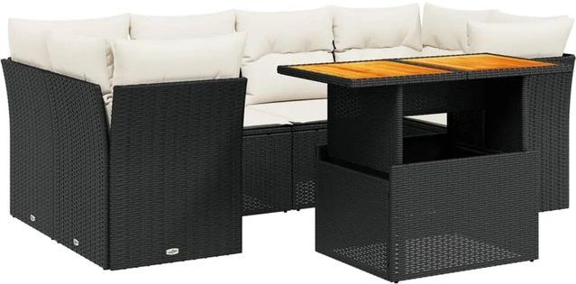 vidaXL 7-teilige Garten-Sofagarnitur in L-Form aus Polyrattan und Akazienholz mit Kissen, Schwarz-Creme - Bild 1