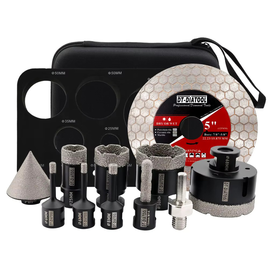 DT-DIATOOL Diamantbohrer-Set mit M14-Gewinde in Silber, 10 Stück Lochsägen mit 6/6/8/25/35/50/68 mm, 10 mm Fingerfräser, 2 Zoll Fasenfräser, Sechskant-Gewindeadapter und 125 mm doppelseitige Diamantscheibe - Bild 3