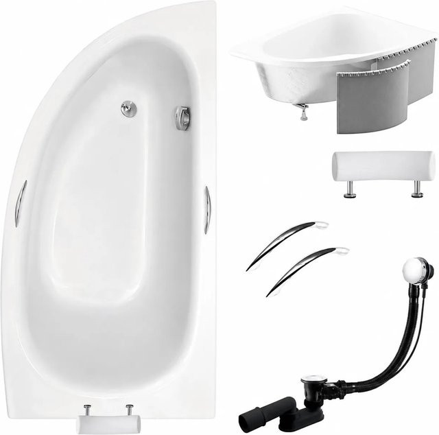 KOLMAN Eckbadewanne aus Acryl in Weiß, rechtsseitig mit Styroporverkleidung, Ablauf und Füßen, B/T: 150 x 70 cm - Bild 1