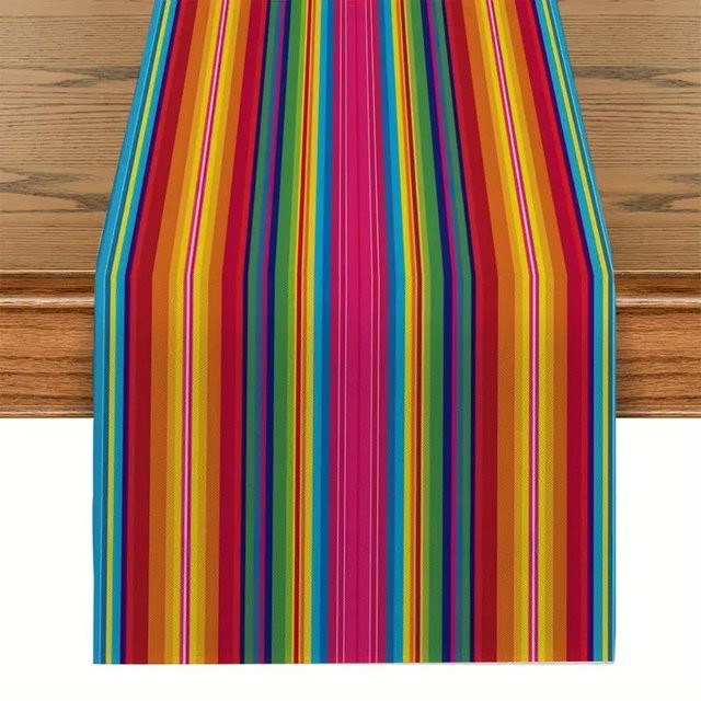 JINGYUE Pet Tischläufer aus Leinen im mexikanischen Stil mit bunten geometrischen Streifen, Blau/Mehrfarbig, B/H: 33 x 150 cm - Bild 1