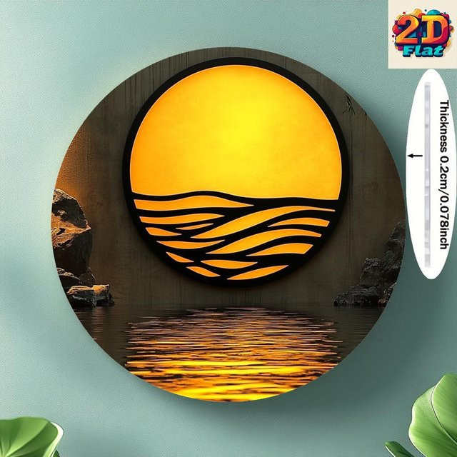 Potdemiel Wandkunst aus Aluminium, kreisförmige abstrakte Hängedekoration mit gelbem Sonnenuntergang und Wellen, minimalistisches Metall-Panel, Durchmesser: 20 cm - Bild 1
