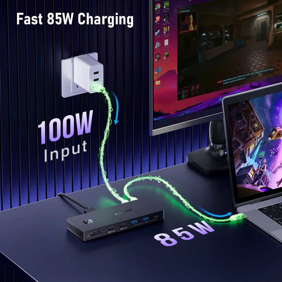 Lemorele 13-in-1 USB-C-Hub Dockingstation mit HDMI, DisplayPort, RJ45 Ethernet und 100W PD Ladegerät in Grau - Bild 3