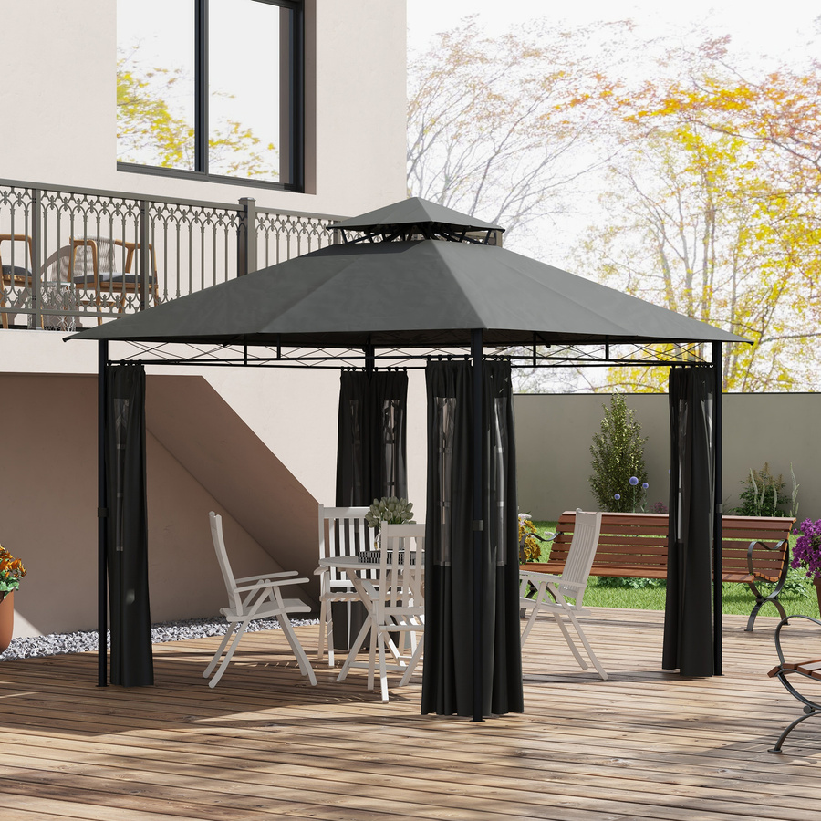 Outsunny Pavillon Gartenzelt mit Seitenwand und Doppeldach aus Metall in Dunkelgrau, B/T/H: 300 x 300 x 295 cm - Bild 2