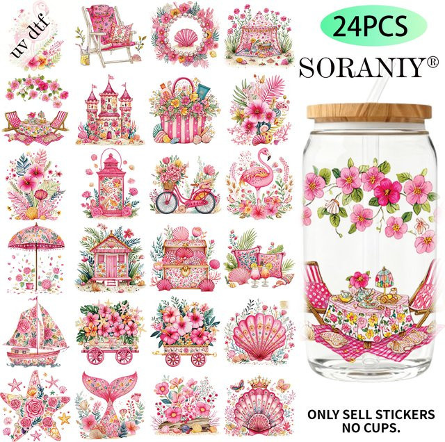24-teiliges DIY-Transferpapier-Set mit floralem Strandmotiv in Rosa für 16oz Wasserflaschen (UV-DTF) - Bild 1
