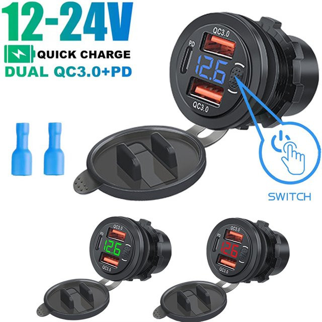 Kankeirr Auto Onboard Ladegerät mit Dual USB Schnellladung 3.0, PD-Buchse und digitalem Voltmeter in Schwarz für Auto, LKW und RV - Bild 1
