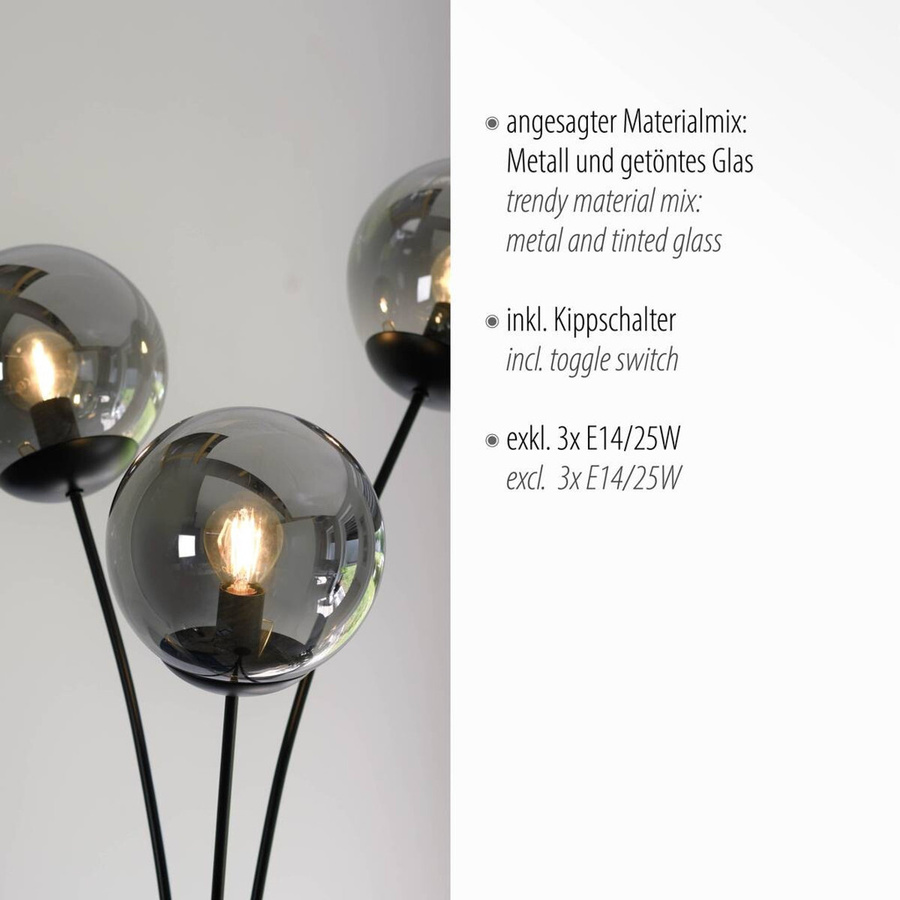 Just Light Stehleuchte Big Widow 3-flammig Schwarz mit Rauchglas und Metall B/H: 35 x 185 cm - Bild 2