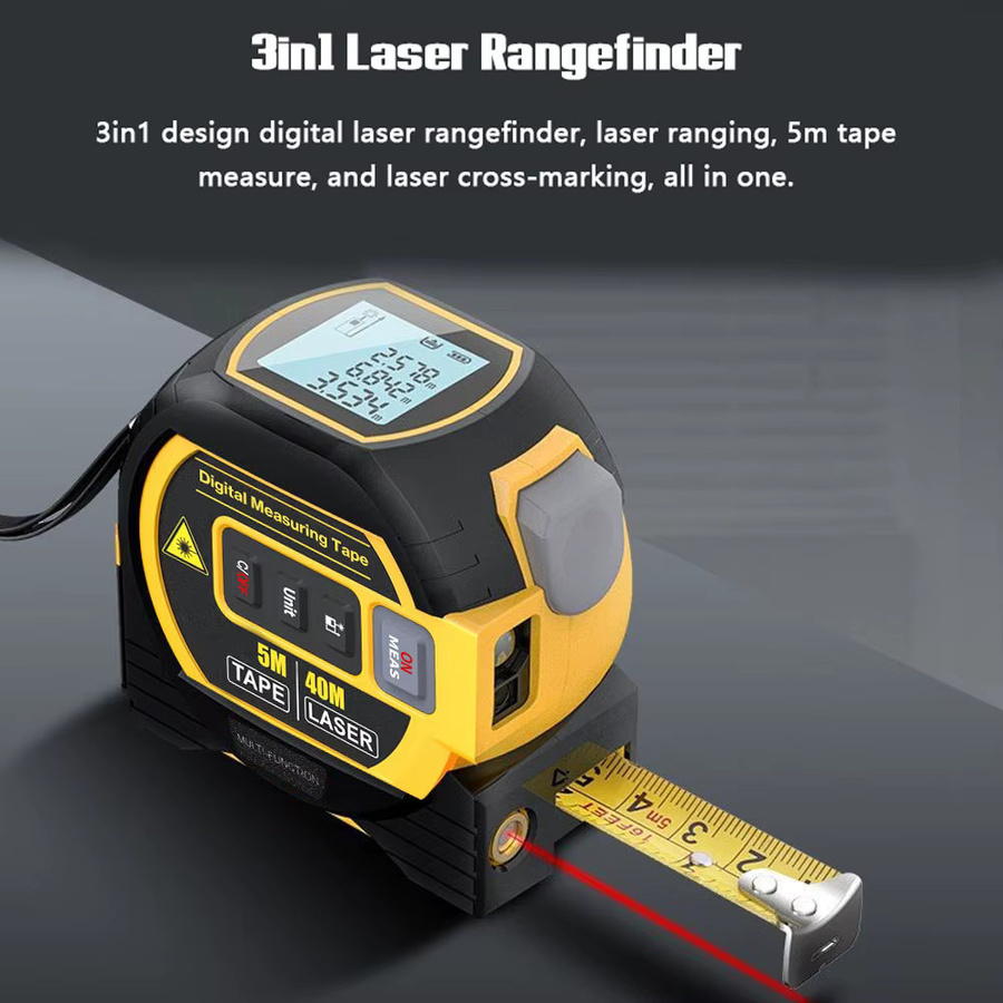 KKMOON 3-in-1 Laser-Entfernungsmesser mit LCD-Display und Hintergrundbeleuchtung, Distanzmesser für Flächen- und Volumenberechnung, Orange-Gelb - Bild 2