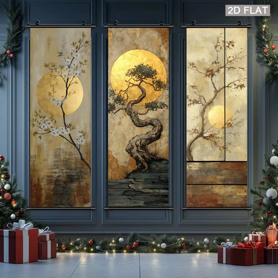 AsenArt Wandbild auf Leinwand mit goldenem Bokujou-Blütenzweig und Kirschblüten-Landschaftsmotiv - Bild 2