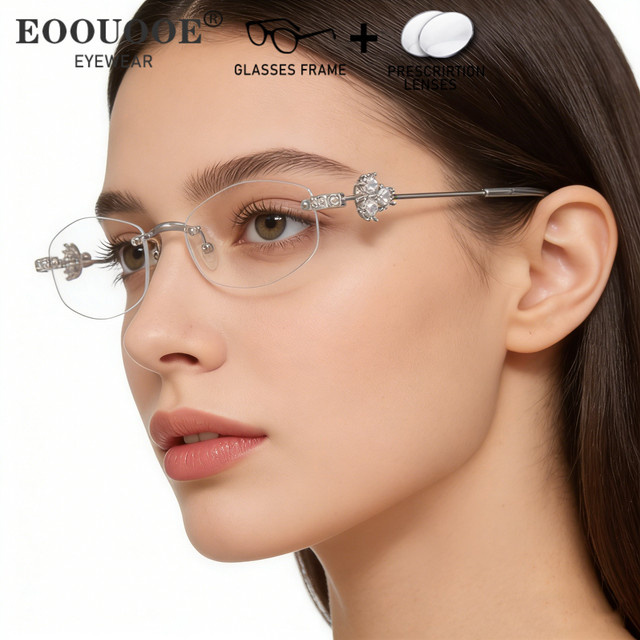 EOOUOOE Korrektionsbrille, randlos, oval, Silber, Damen, Metall, Blaulichtfilter - Bild 1