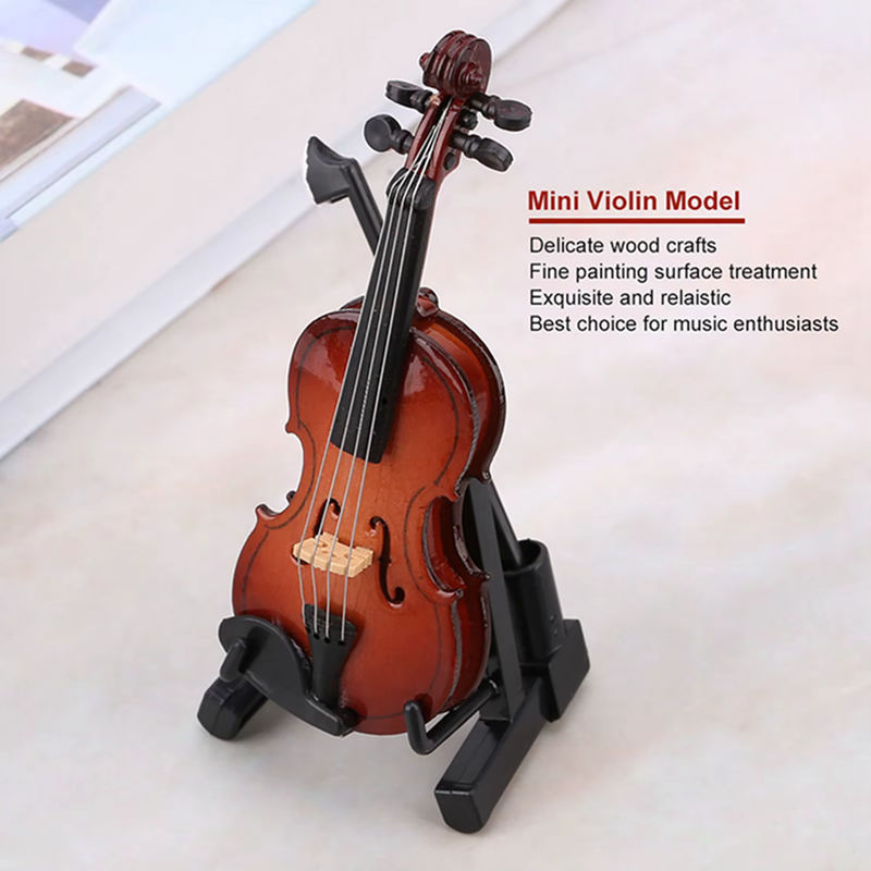 Qiilu Miniatur-Geigenmodell aus Holz in Braun mit Ständer und Gehäuse als Puppenhaus-Zubehör und dekoratives Musikinstrumentenmodell - Bild 2