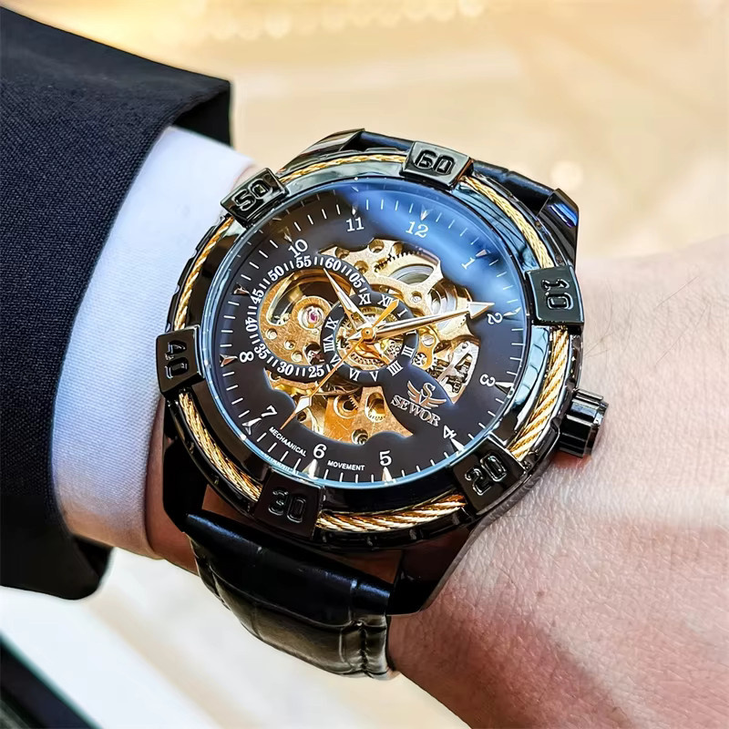 AOKULASIC Automatik-Armbanduhr, Skeleton Tourbillon, Silber, Leder, Herren - Bild 2