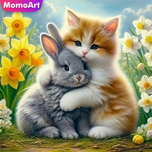 Momoart DIY Diamantmalerei Katze und Kaninchen Mosaik Set mit Blumenmuster für Erwachsene und Anfänger, Mehrfarbig, 20 x 20 cm - Bild 1