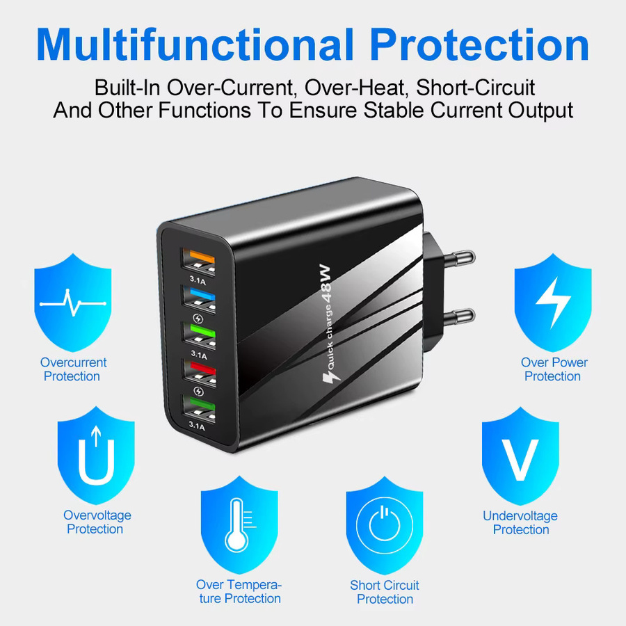 Wocoolsi 48 W USB Schnellladegerät mit QC 3.0 und 5 Ports, Wandladegerät Adapter in Schwarz für iPhone, Samsung und Xiaomi, EU und US Stecker - Bild 3