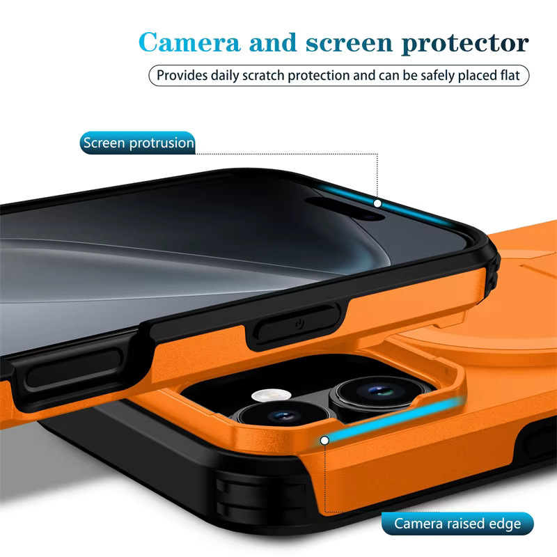 OLPAY Magnetische Panzerhülle mit Objektivschutz und Klapphalterung für iPhone 17 Air, 16, 15, 14, 13 Pro Max Plus, MagSafe kompatibel, Schwarz/Orange - Bild 3