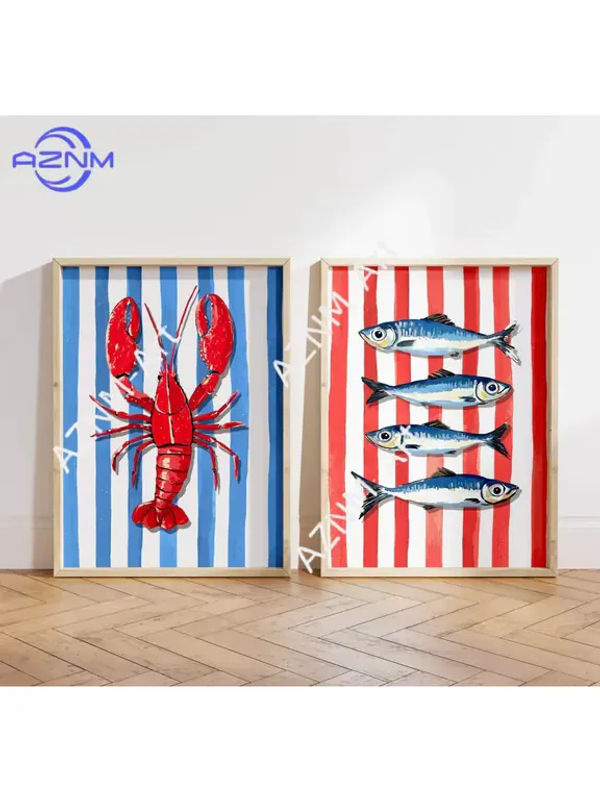 KAYOU Leinwanddruck Hummer und Sardinen in Blau-Rot Gestreift als Maritimes Wandbild für dein Modernes Wohnzimmer und deine Küche - Bild 3