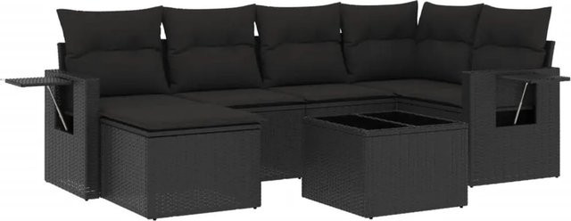 vidaXL 7-teilige Garten-Sofagarnitur in L-Form aus schwarzem Poly-Rattan mit wetterfesten Kissen und pulverbeschichtetem Stahlgestell - Bild 1