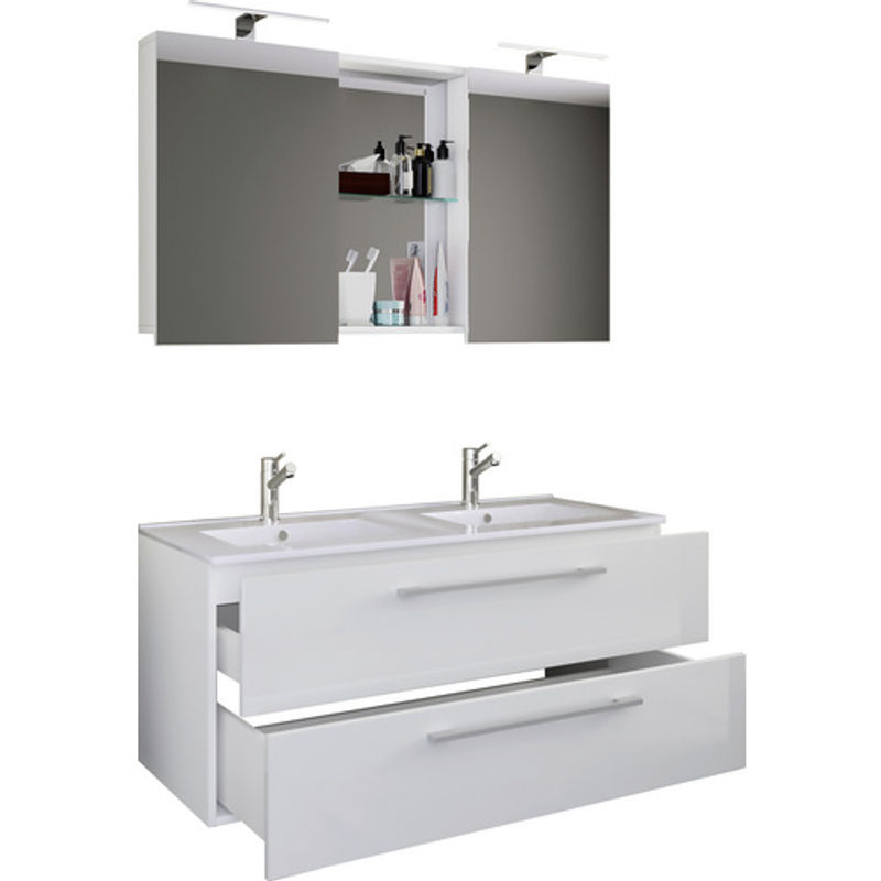 VCM Badmöbel-Set Budasi 3-teilig in Weiss mit Doppelwaschbecken, Unterschrank und Spiegelschrank - Bild 2