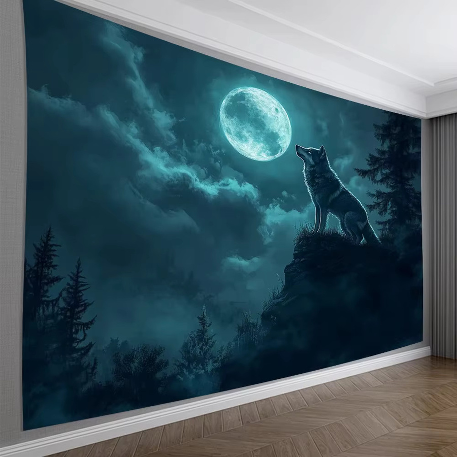 VIKAMA Wandteppich Wolf und Mond in modernem skandinavischem Design, Blau, B: 60 cm, H: 60 cm - Bild 3