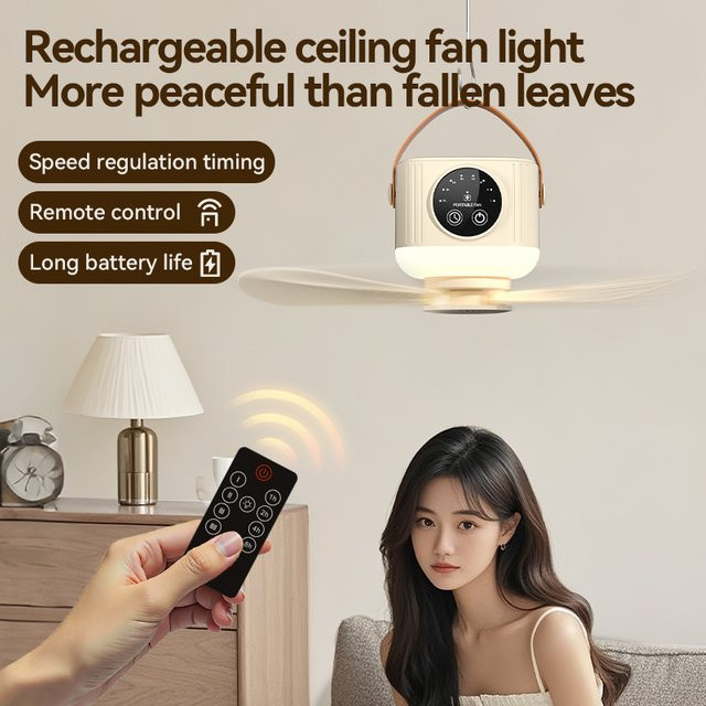 LINYILIGHT Tragbarer Deckenventilator in Weiß mit LED-Licht, Fernbedienung, Timerfunktion und Akku für Camping, Wohnheim und Reisen - Bild 1