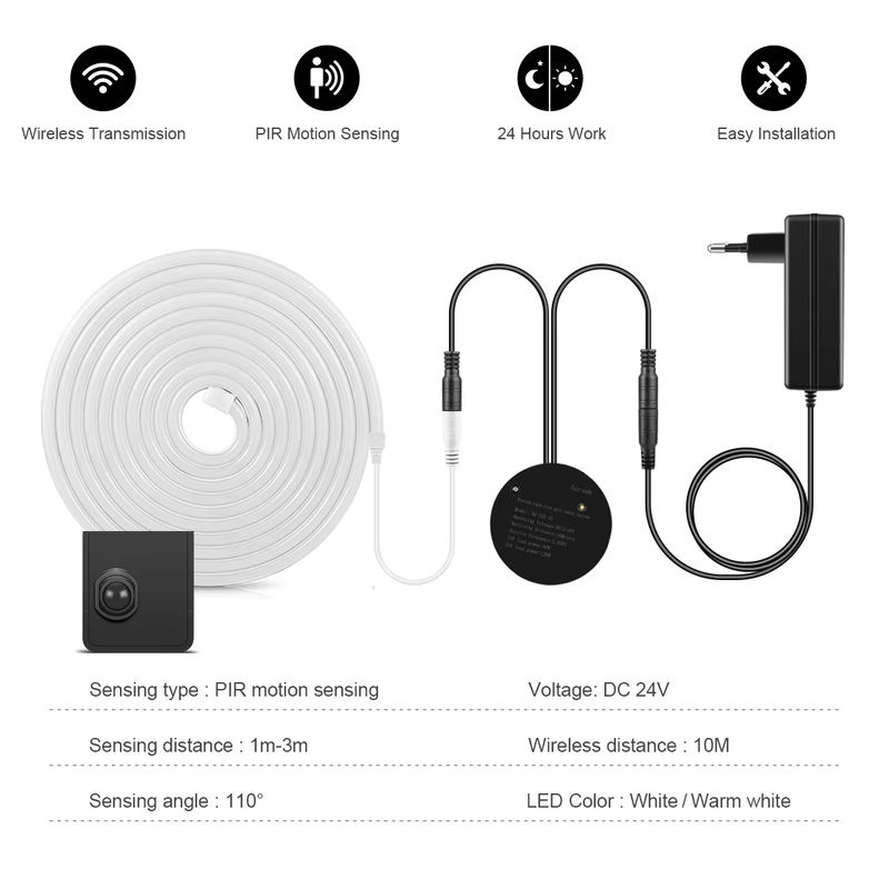CHNAITEKE LED-Neonstreifen mit PIR-Bewegungserkennung, weißes Silikonband, DC24V intelligente Nachtlampe für Badezimmer, Schlafzimmer und Treppen - Bild 2