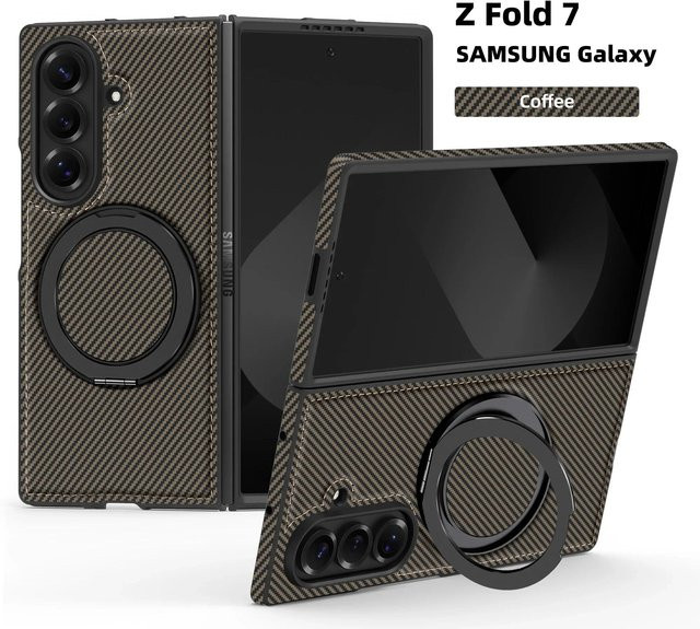 Magnetische Kevlar Kohlefaser Schutzhülle für Samsung Galaxy Z Fold 7 6 5 4 3 mit 360 Grad drehbarem Ständer in Braun - Bild 1