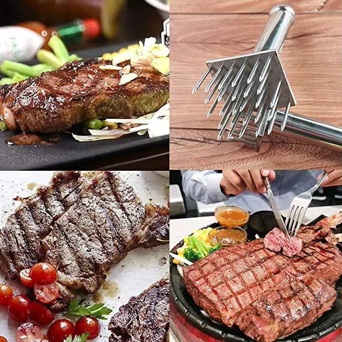 Fleischklopfer aus Edelstahl mit Holzgriff zur Fleischzartmachung für Rindfleisch und Steaks in Silber und Weiß - Bild 3