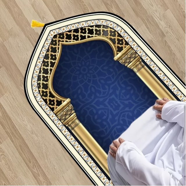 VIKAMA Gebetsmatte mit Relief-Design und Goldumrandung in Blau und Gold mit Quasten - Bild 1