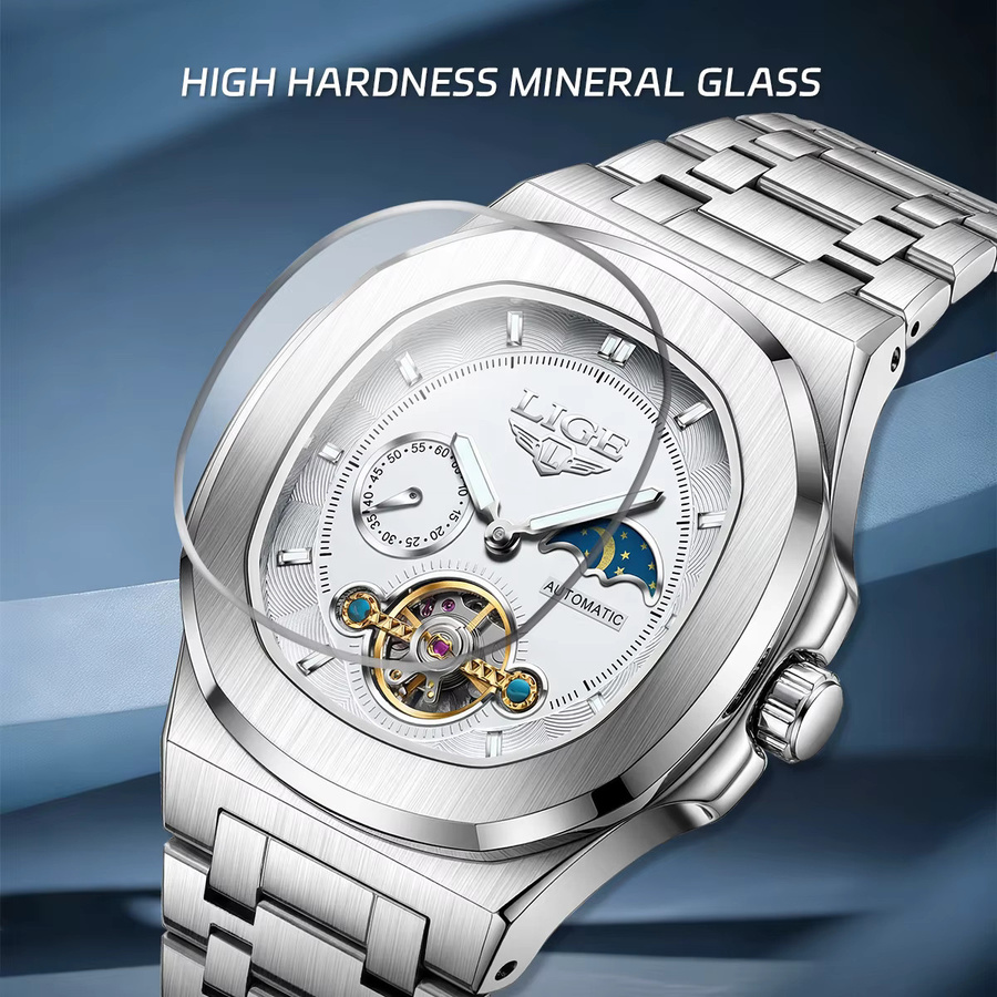LIGE Armbanduhr Automatik, Edelstahl, Tourbillon, Silber, Herren - Bild 4