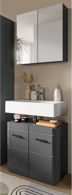 Inn.Furn Badmöbel-Set 2-teilig Grau Hochglanz mit Spiegelschrank und Waschtischunterschrank inklusive Soft-Close-Funktion, B/T/H: 60 x 34 x 190 cm - Bild 1