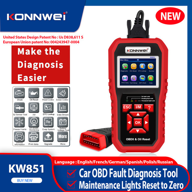 KONNWEI KW851 OBD2 Auto Diagnosegerät in Rot mit Fahrzeugwartungs-Reset-Funktion und Motor-Check-Codeleser - Bild 1