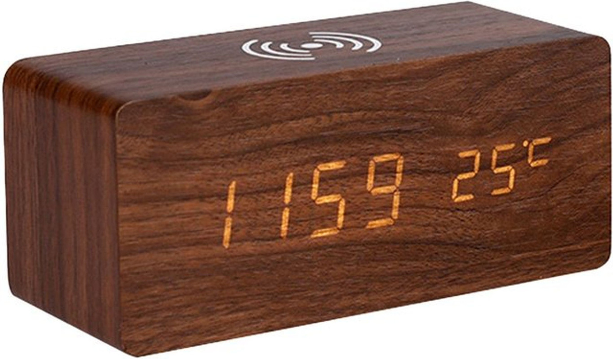TOMTOP JMS Digitaler Wecker aus Holz mit LED-Anzeige, kabellosem Laden, Thermometer und Datumsanzeige, Braun, B/T/H: 16,8 x 7,2 x 7,2 cm - Bild 1