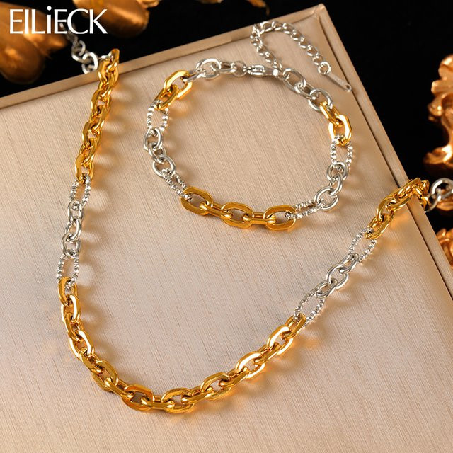 EILIECK Schmuck-Set Halskette, Armband, Edelstahl, Bicolor, Damen - Bild 1