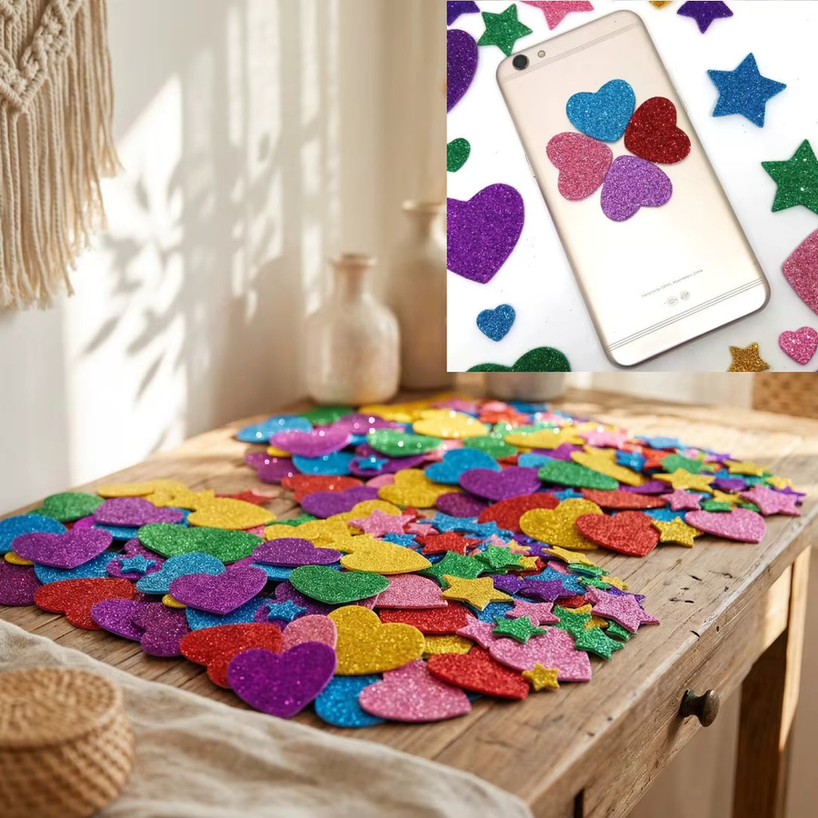 300 Stück selbstklebende Glitzer-Schaumstoff-Aufkleber in Bunt mit Sternen und Herzen für Kinderhandwerk und Dekoration - Bild 3