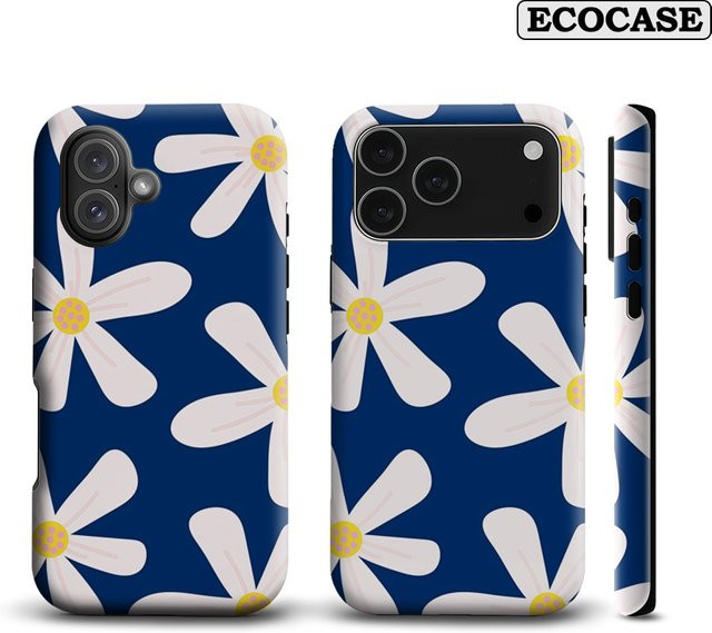 Handyhülle mit weißem Gänseblümchen-Design für Apple iPhone 11 bis iPhone 17 Pro Max Plus, doppelschichtige Rückseite, weiß und blau - Bild 1