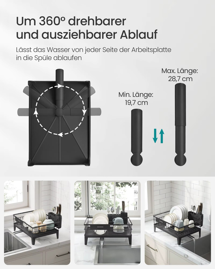 Songmics Abtropfgestell für Geschirr in Schwarz mit ausziehbarem Ablauf, Abtropfschale und Besteckhalter, B/T/H: 31 x 42 x 18,5 cm - Bild 4