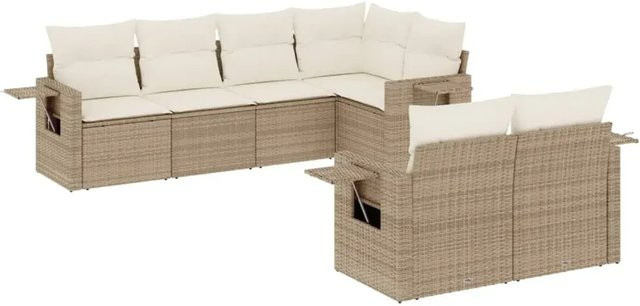 vidaXL 7-teilige Garten-Sofagarnitur in L-Form aus Poly-Rattan mit Kissen in Beige - Bild 1