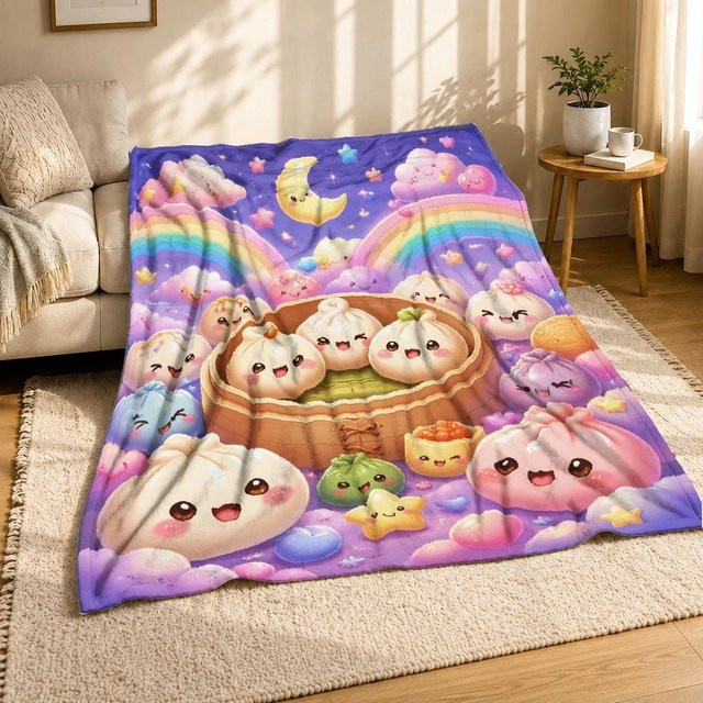 Kawaii Knödel-Dampfgarer Korallenfleece-Decke mit Lebensmittel-Dekoration B: 180 cm, T: 150 cm - Bild 1