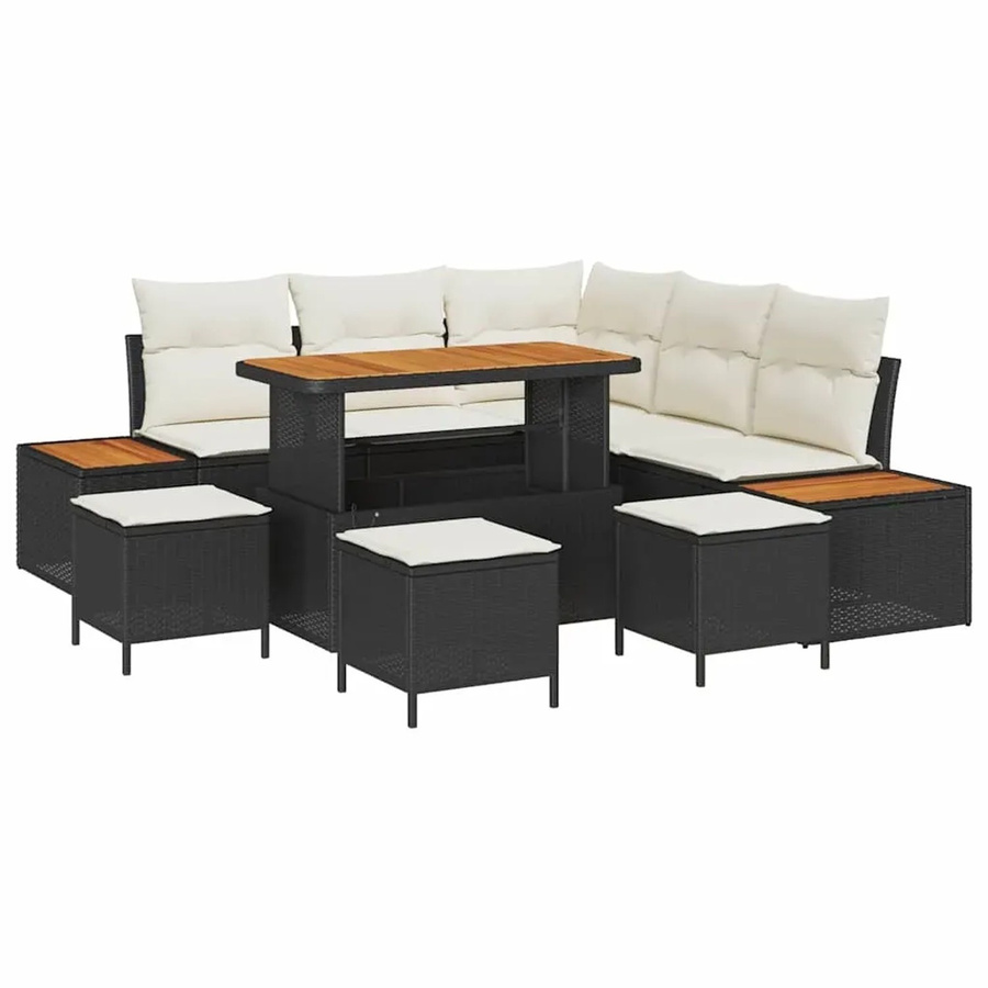 vidaXL Garten-Sofa-Set 9-teilig aus Poly Rattan und Akazienholz in Schwarz mit Kissen - Bild 2