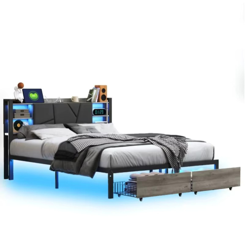 Modernes Polsterbett in Rosa mit LED-Beleuchtung, USB-Anschluss und 2 Schubladen, B/T/H: 160 x 200 cm - Bild 5