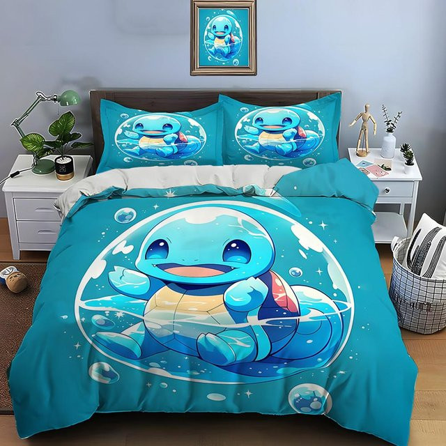Pokemon Schiggy Print Bettwäsche Set 3-teilig mit Bettdecke und Kissenbezug, Blau, B/H: 140 x 210 cm - Bild 1